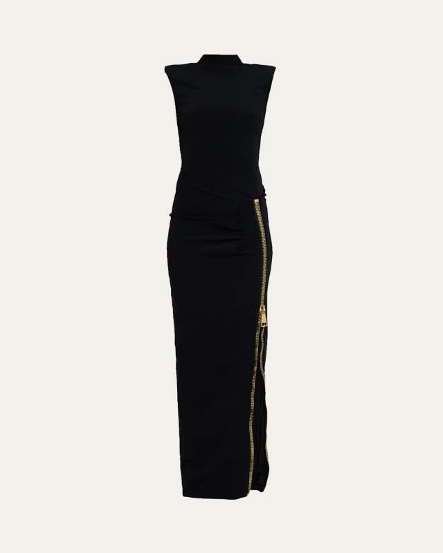 Mock-Neck Zip Slit Sleeveless Gown